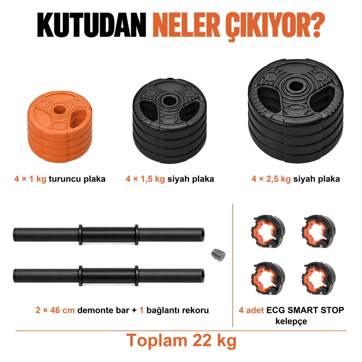 Ecgspor YILDIZ Serisi 22 KG Multifonksiyonel Turuncu Siyah Halter Seti ve Dambıl Seti