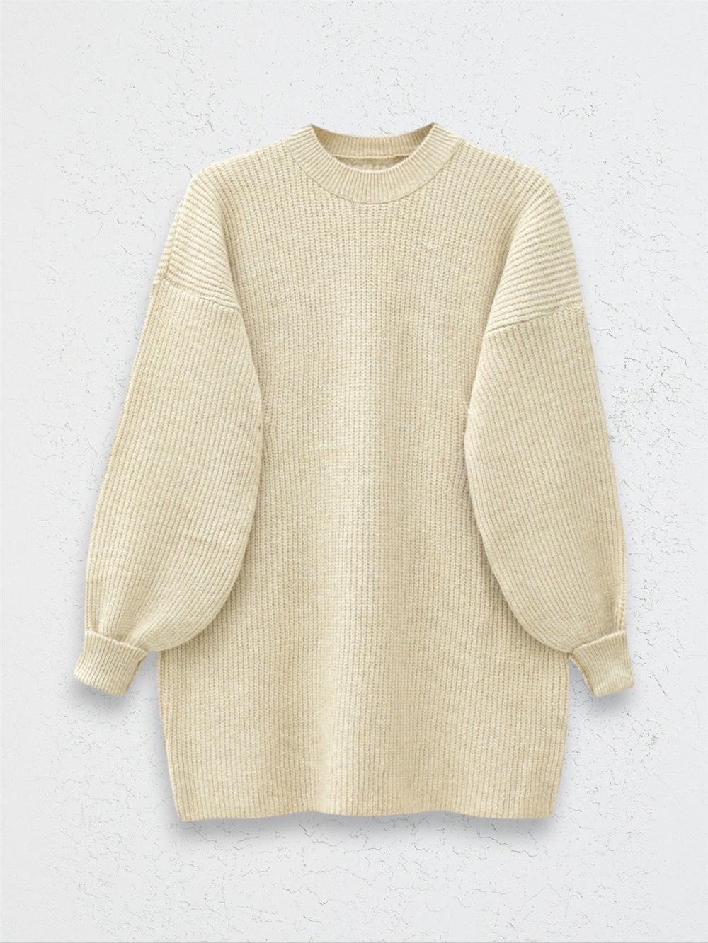  Yuvarlak Yaka Salaş Triko Tunik -Açık Vizon-295-3420-R51