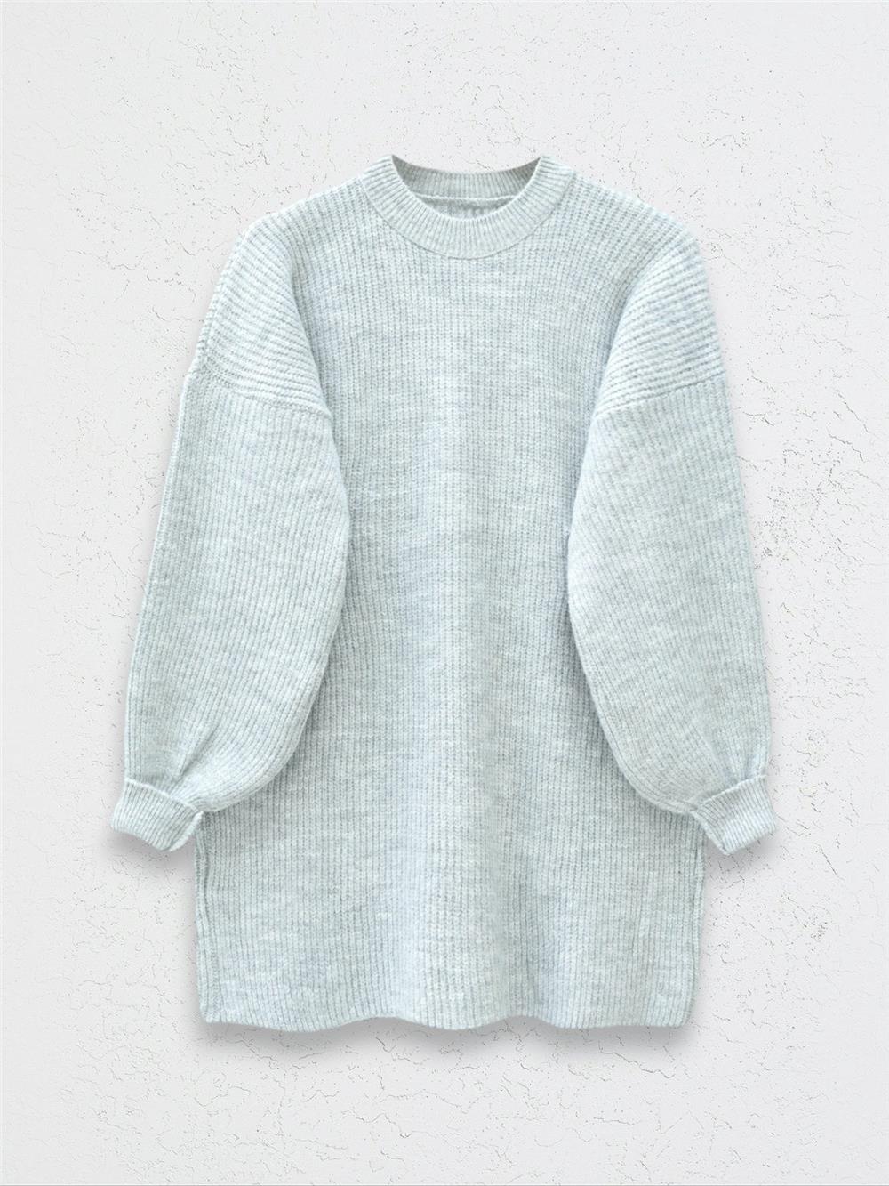  Yuvarlak Yaka Salaş Triko Tunik -Açık Gri-295-3420-R41