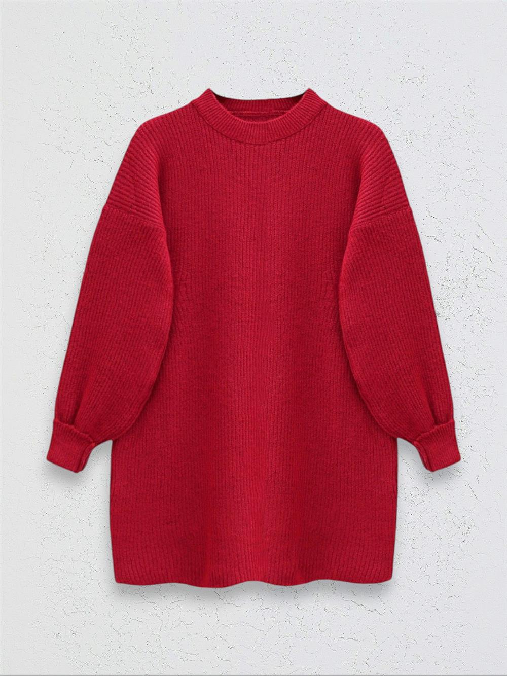  Yuvarlak Yaka Salaş Triko Tunik -Kırmızı-295-3420-R33