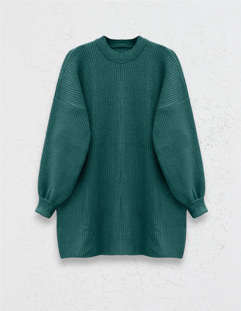  Yuvarlak Yaka Salaş Triko Tunik -Zümrüt-295-3420-R17