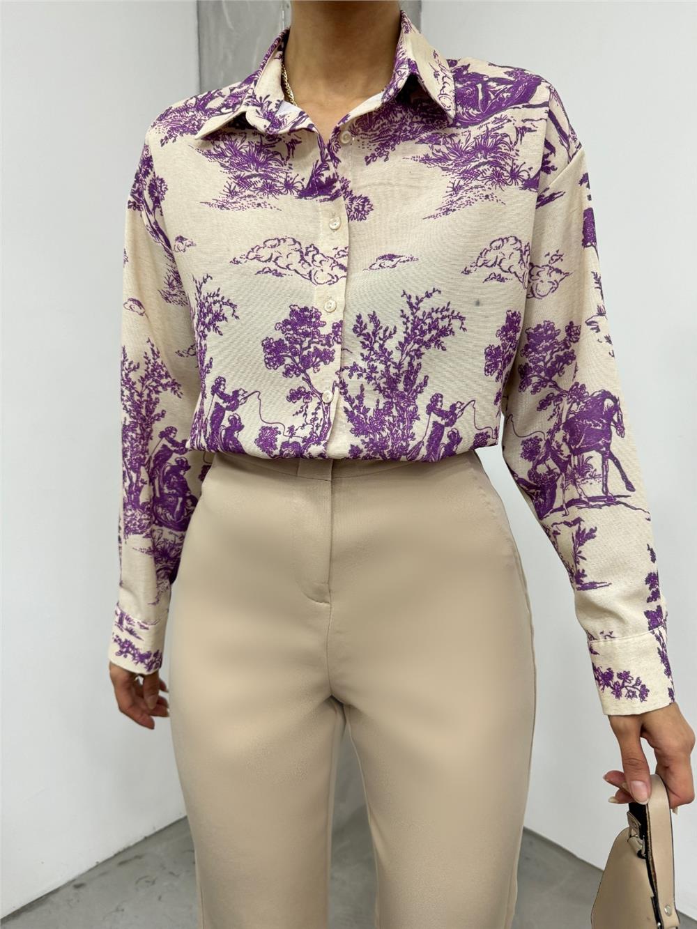 Tree Figured Linen Shirt - Plum-138-20222-R09