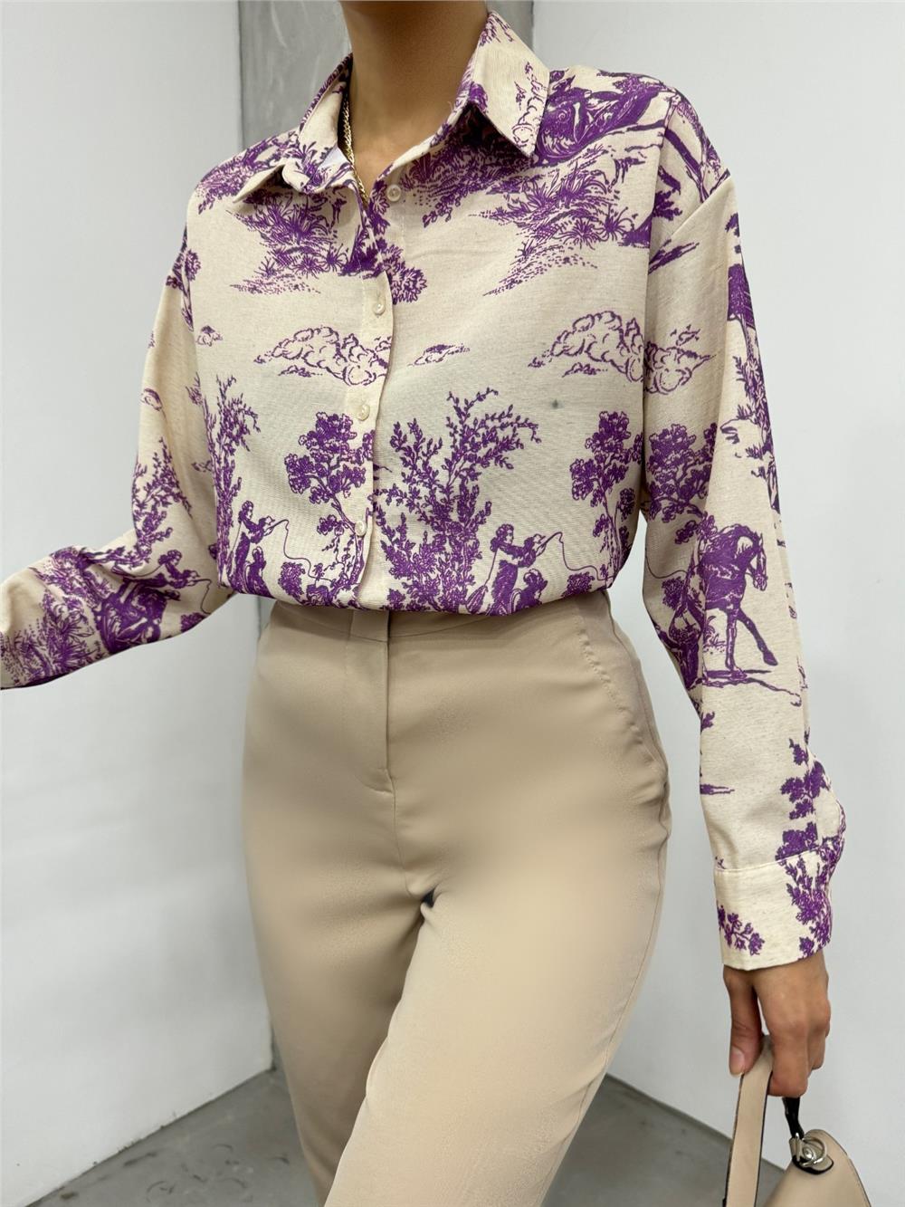 Tree Figured Linen Shirt - Plum-138-20222-R09