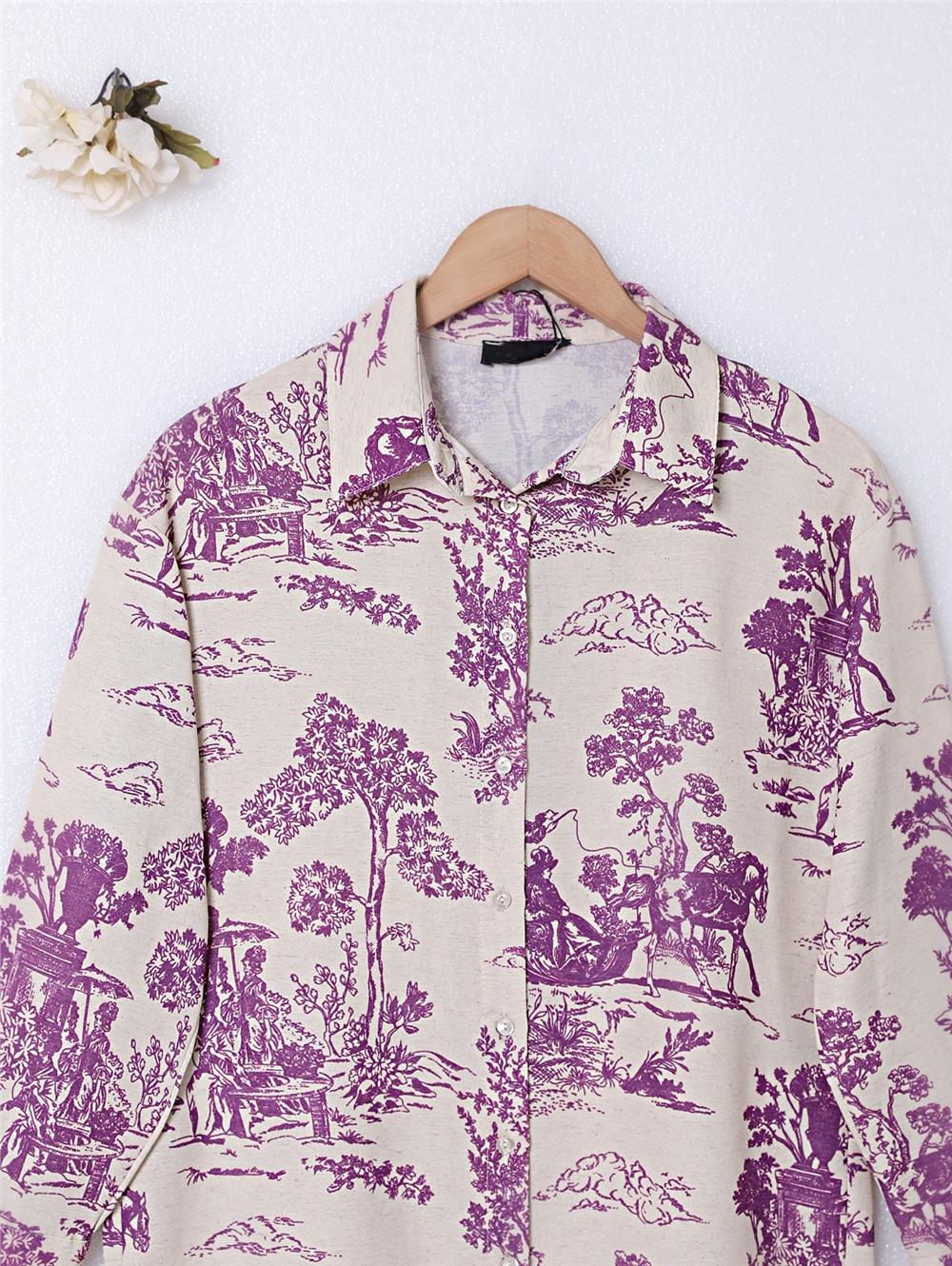 Tree Figured Linen Shirt - Plum-138-20222-R09