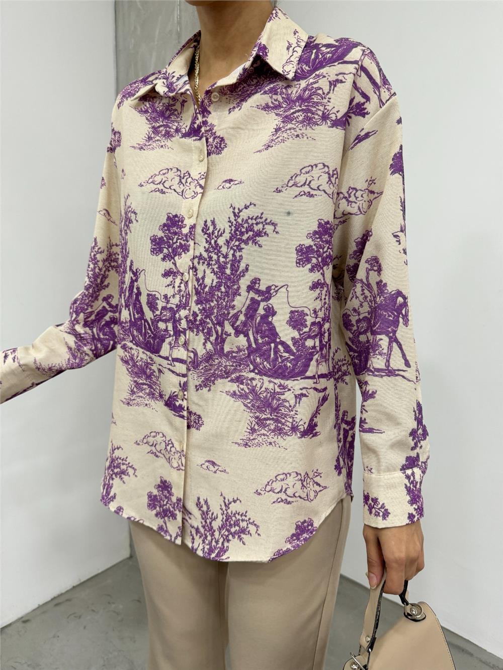 Tree Figured Linen Shirt - Plum-138-20222-R09
