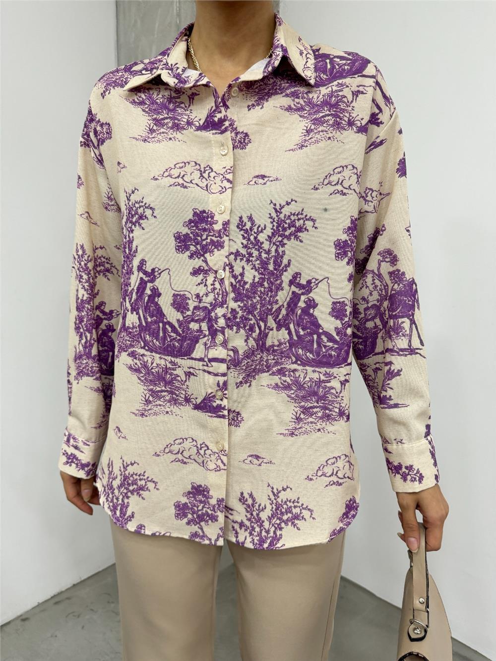Tree Figured Linen Shirt - Plum-138-20222-R09