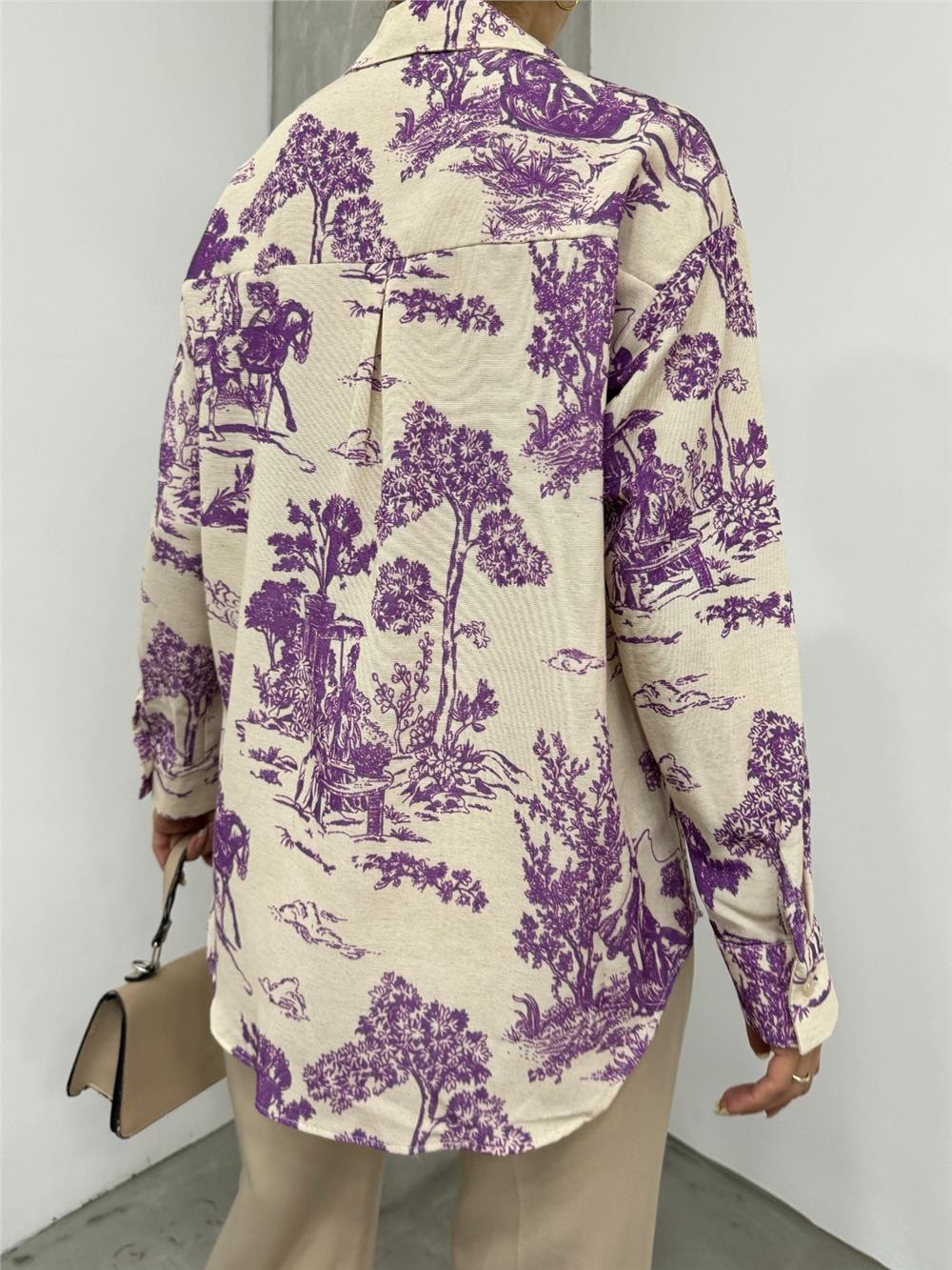 Tree Figured Linen Shirt - Plum-138-20222-R09