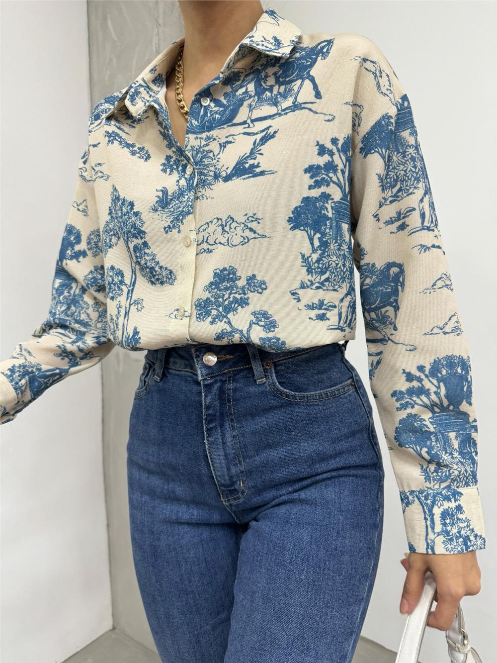 Tree Figured Linen Shirt -Petrol-138-20222-R29