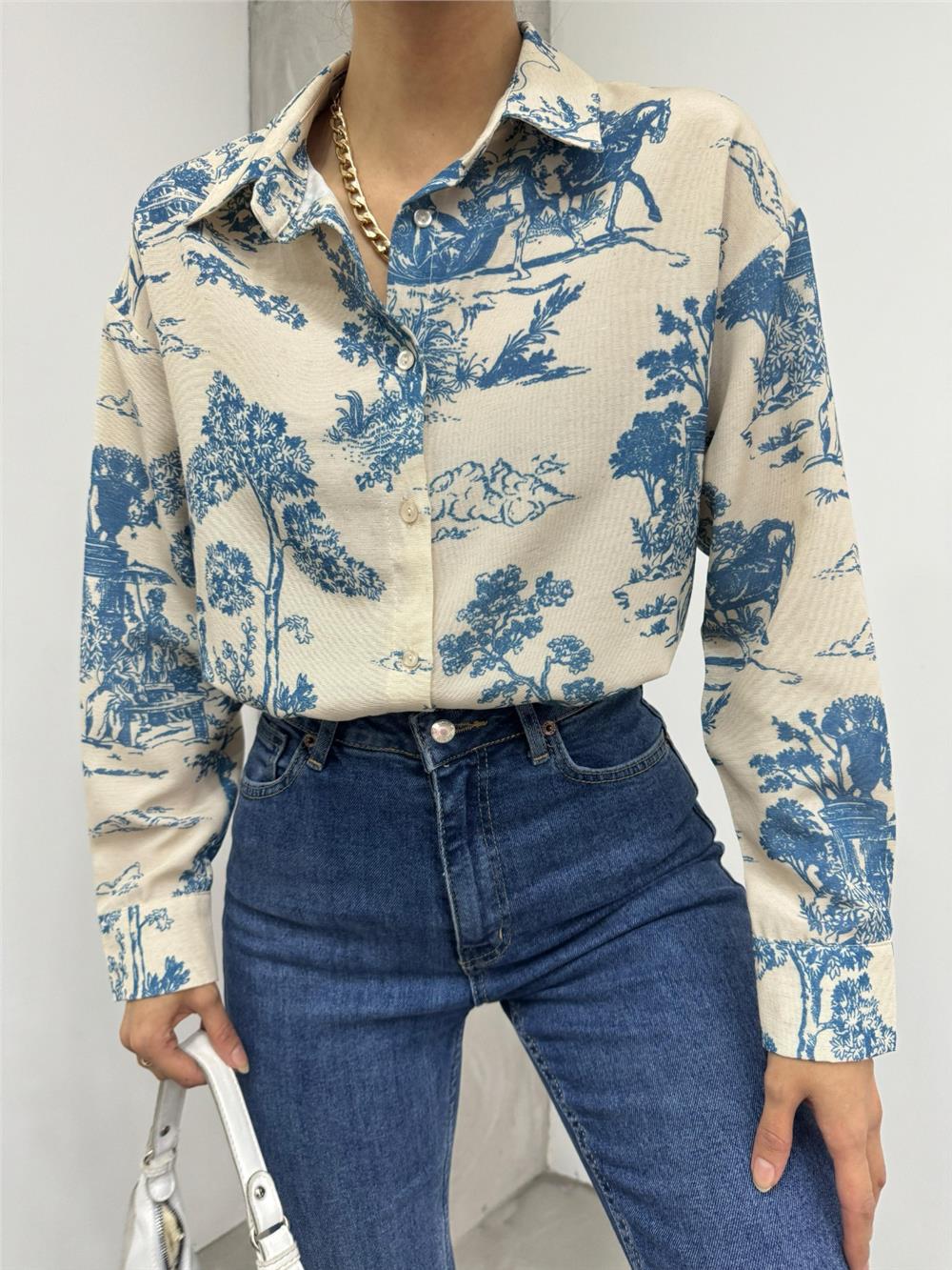 Tree Figured Linen Shirt -Petrol-138-20222-R29