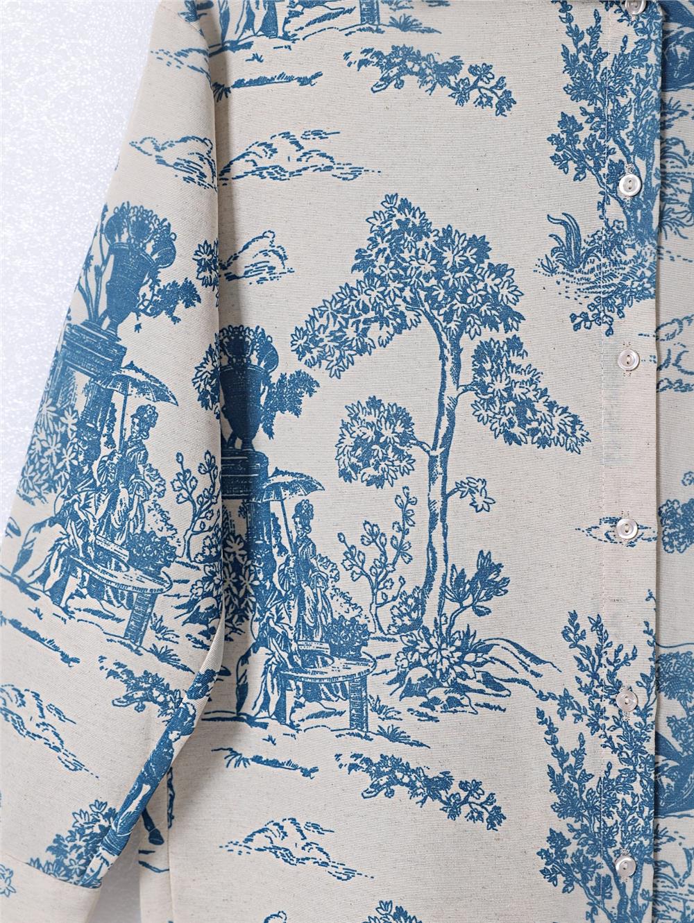 Tree Figured Linen Shirt -Petrol-138-20222-R29