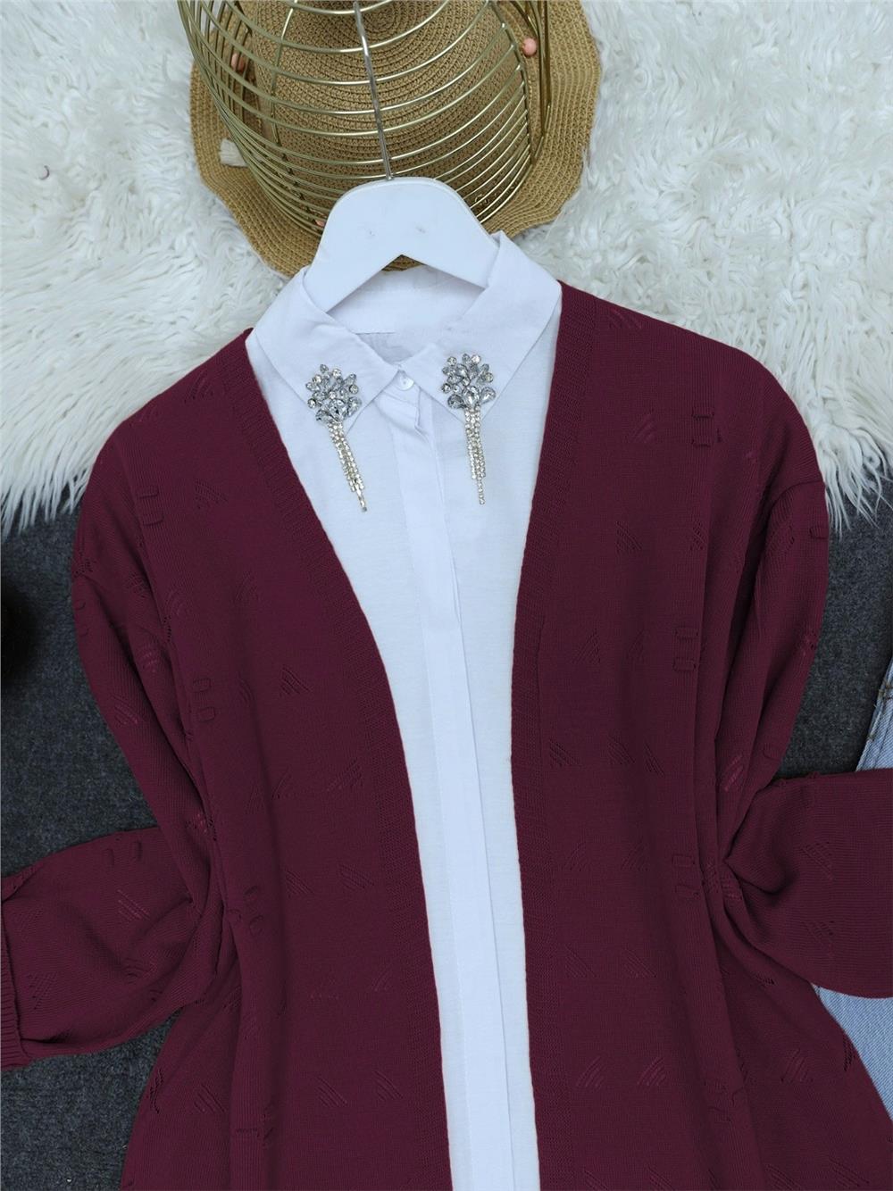 Ajurlu Araboy Triko Hırka   -Bordo-109-1058-R04