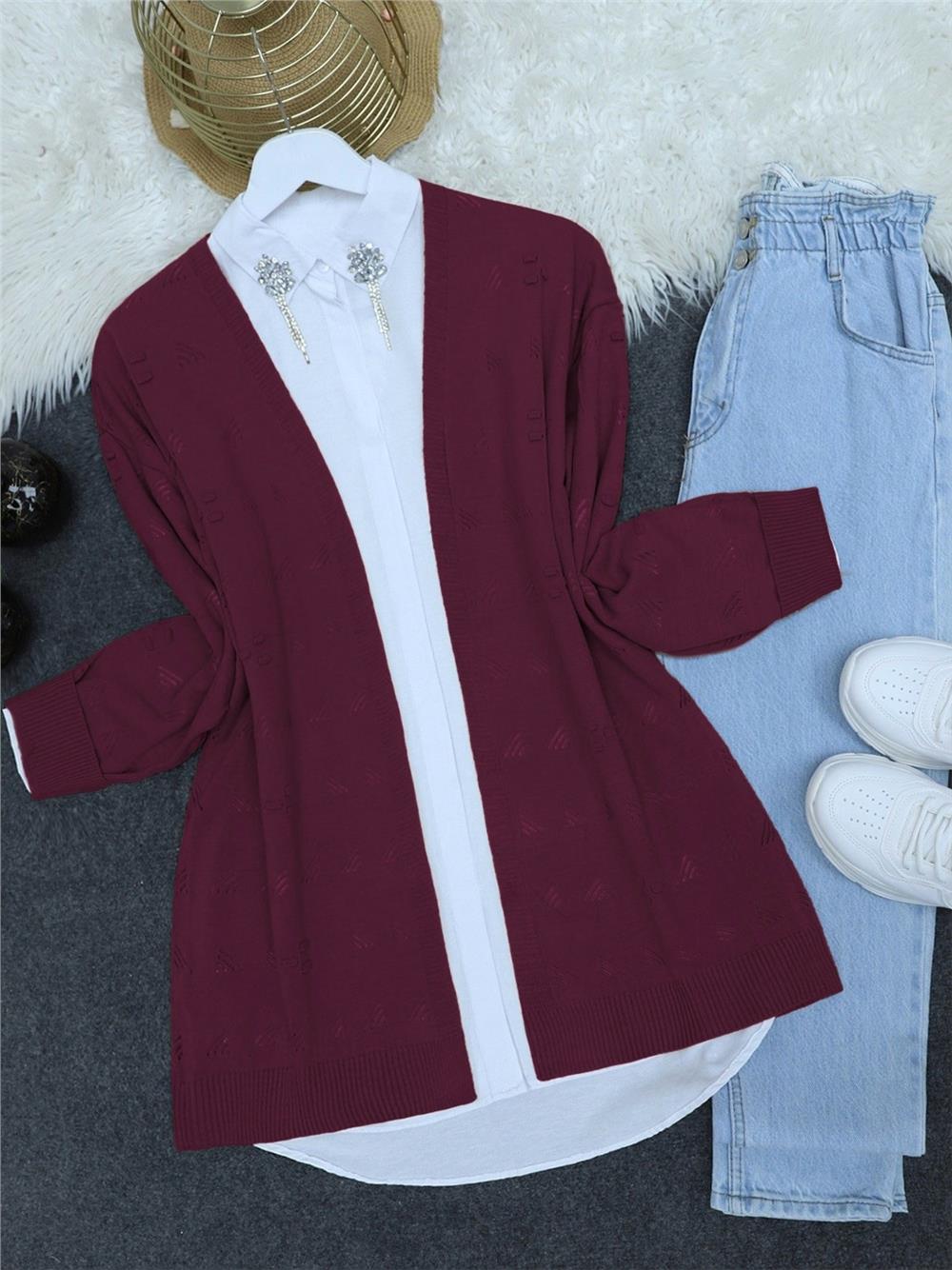 Ajurlu Araboy Triko Hırka   -Bordo-109-1058-R04