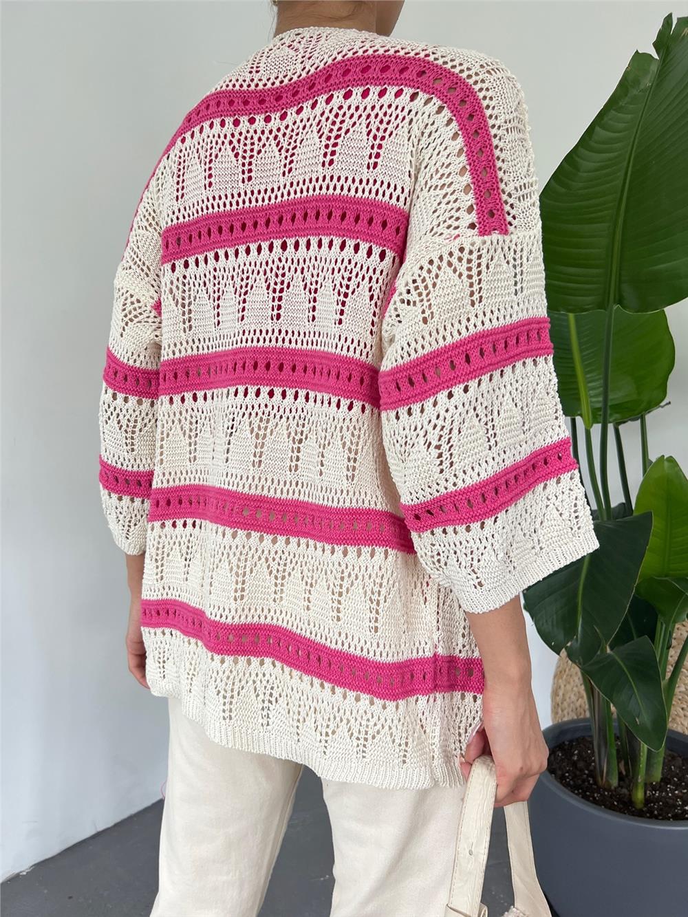 Openwork Striped Poor Sleeve Cardigan -Pink-109-0464-R20
