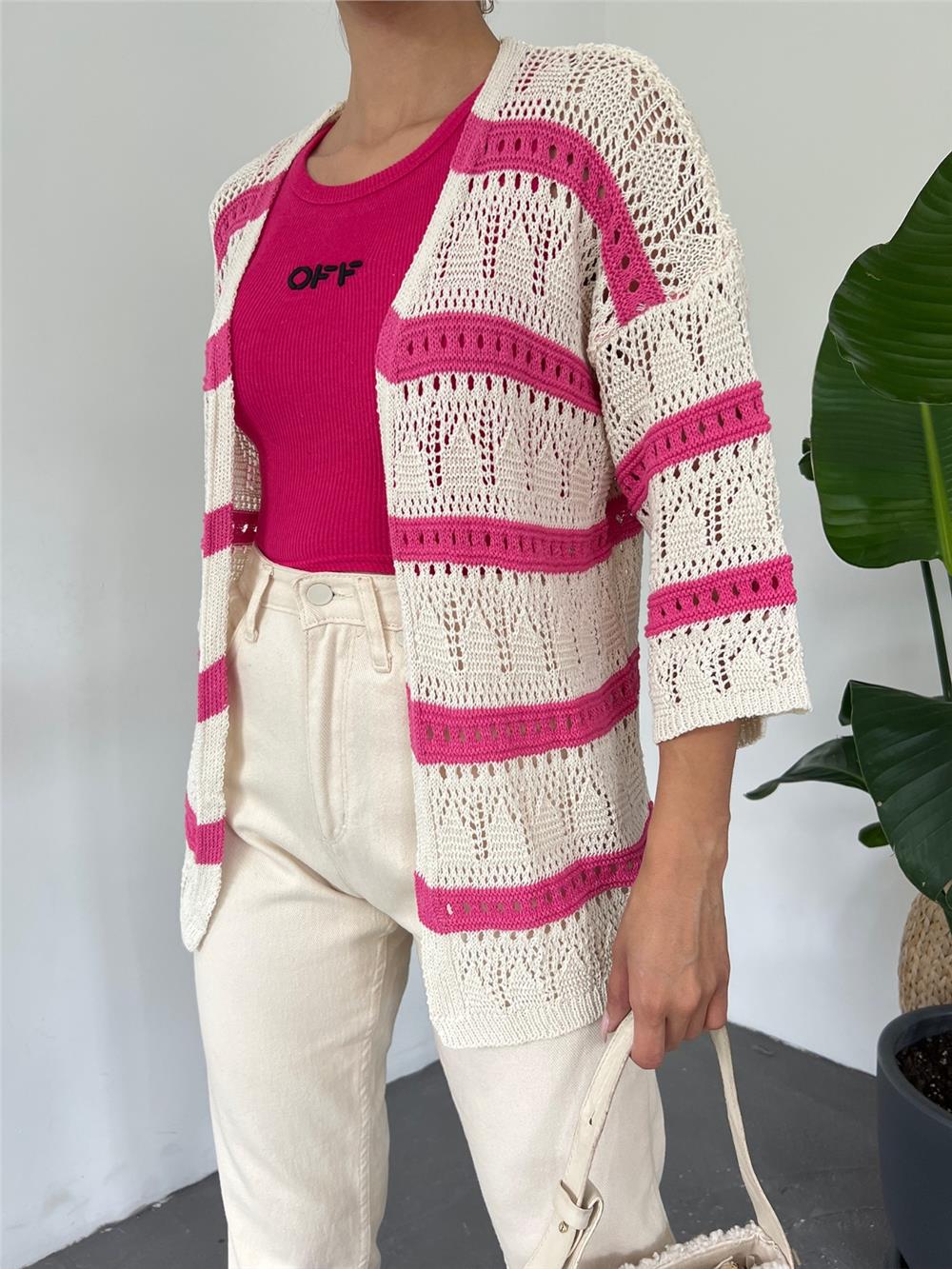 Openwork Striped Poor Sleeve Cardigan -Pink-109-0464-R20