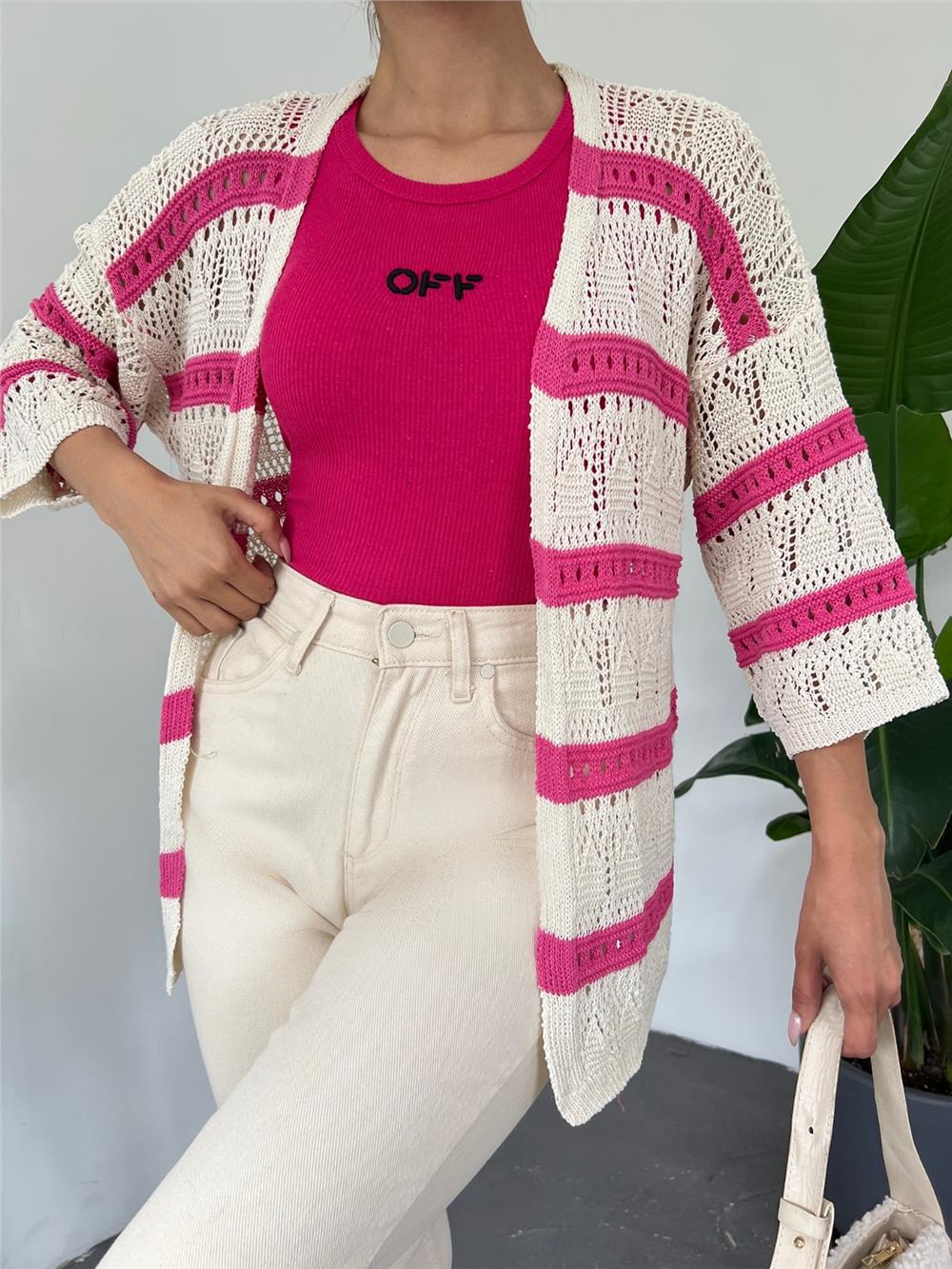 Openwork Striped Poor Sleeve Cardigan -Pink-109-0464-R20