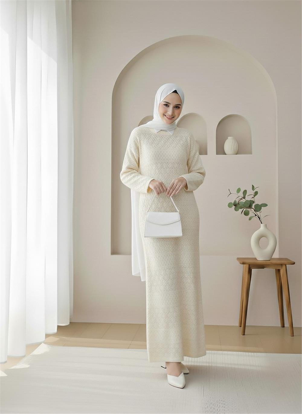 Ajurlu Desenli Triko Elbise -Ekru-109-9763-R07