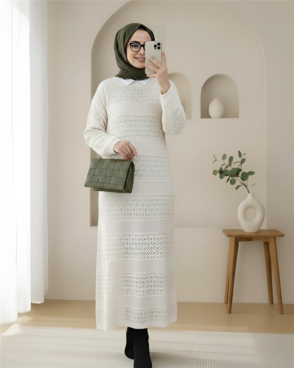 Ajurlu Desenli Triko Elbise -Ekru-109-9763-R07