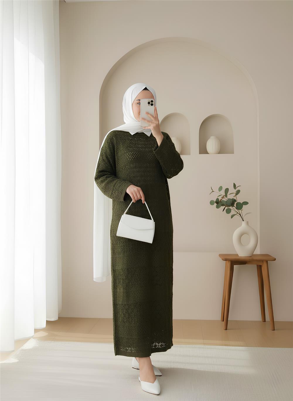 Ajurlu Desenli Triko Elbise -Haki-109-9763-R05