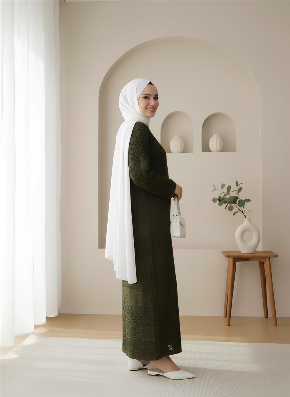 Ajurlu Desenli Triko Elbise -Haki-109-9763-R05
