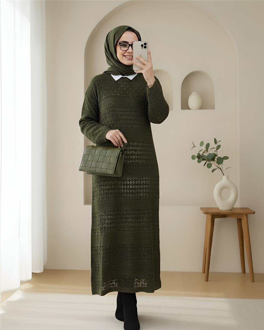 Ajurlu Desenli Triko Elbise -Haki-109-9763-R05