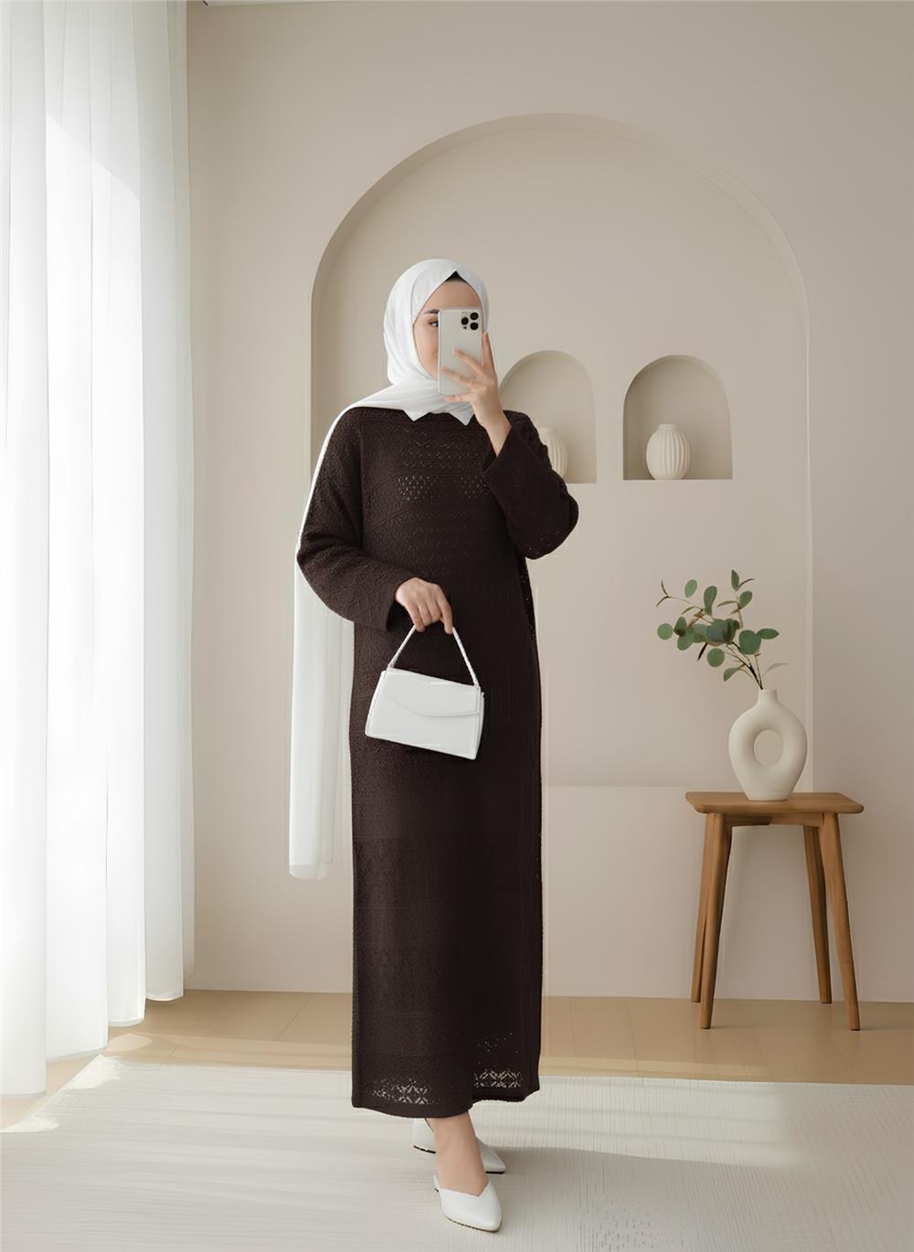 Ajurlu Desenli Triko Elbise -K. Kahve-109-9763-R54