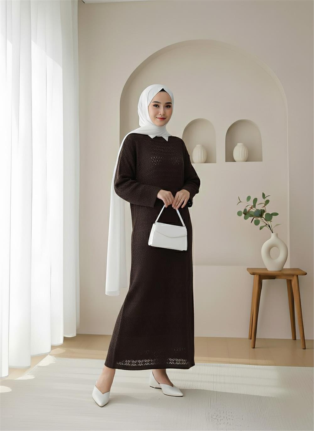 Ajurlu Desenli Triko Elbise -K. Kahve-109-9763-R54