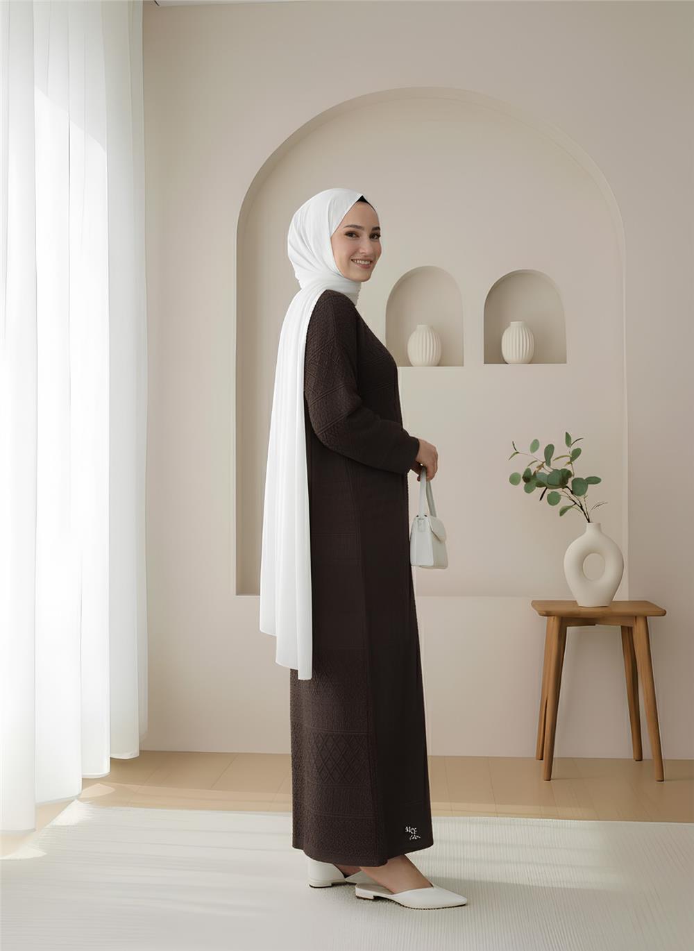 Ajurlu Desenli Triko Elbise -K. Kahve-109-9763-R54