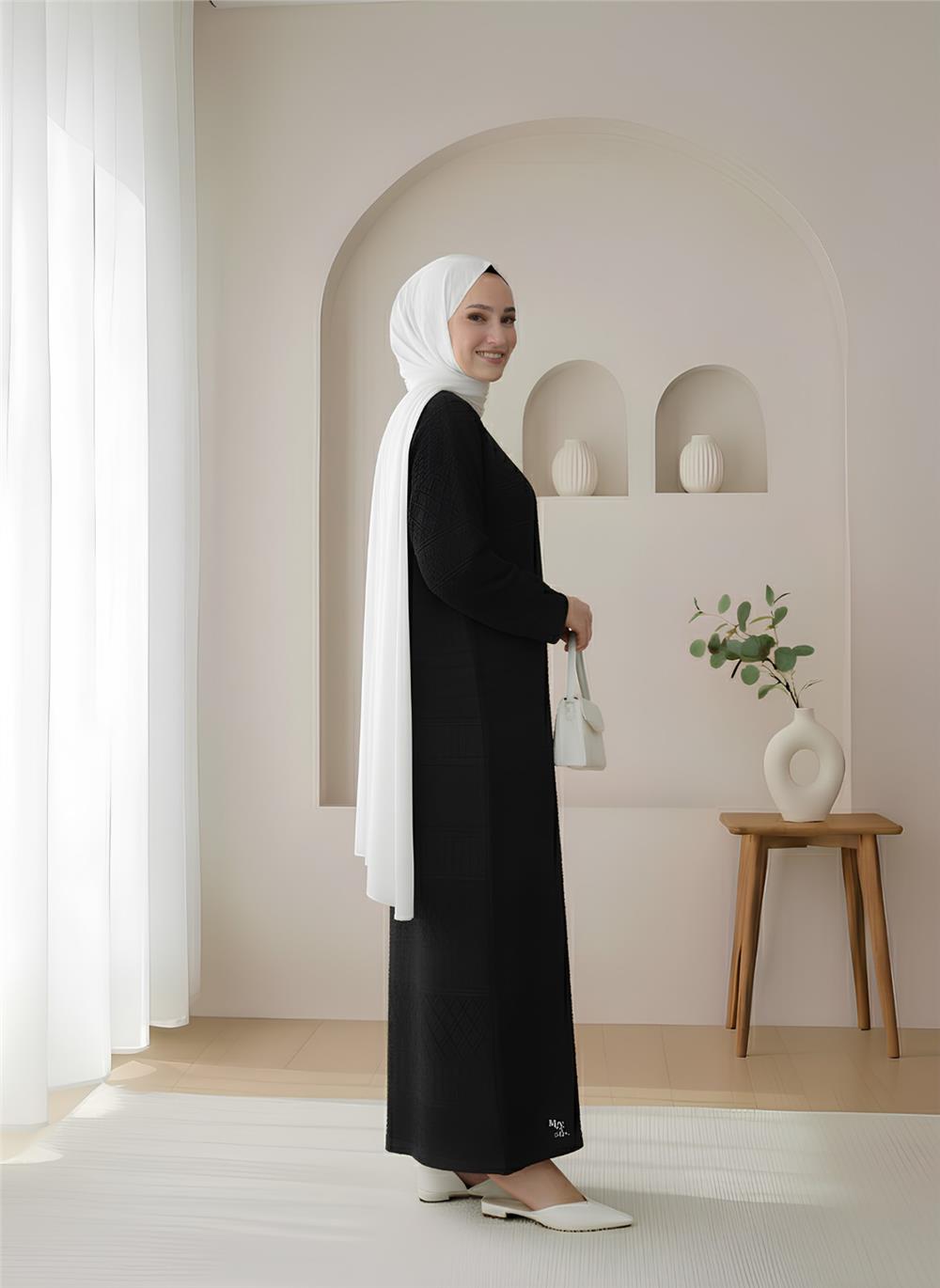 Ajurlu Desenli Triko Elbise -Siyah-109-9763-R01