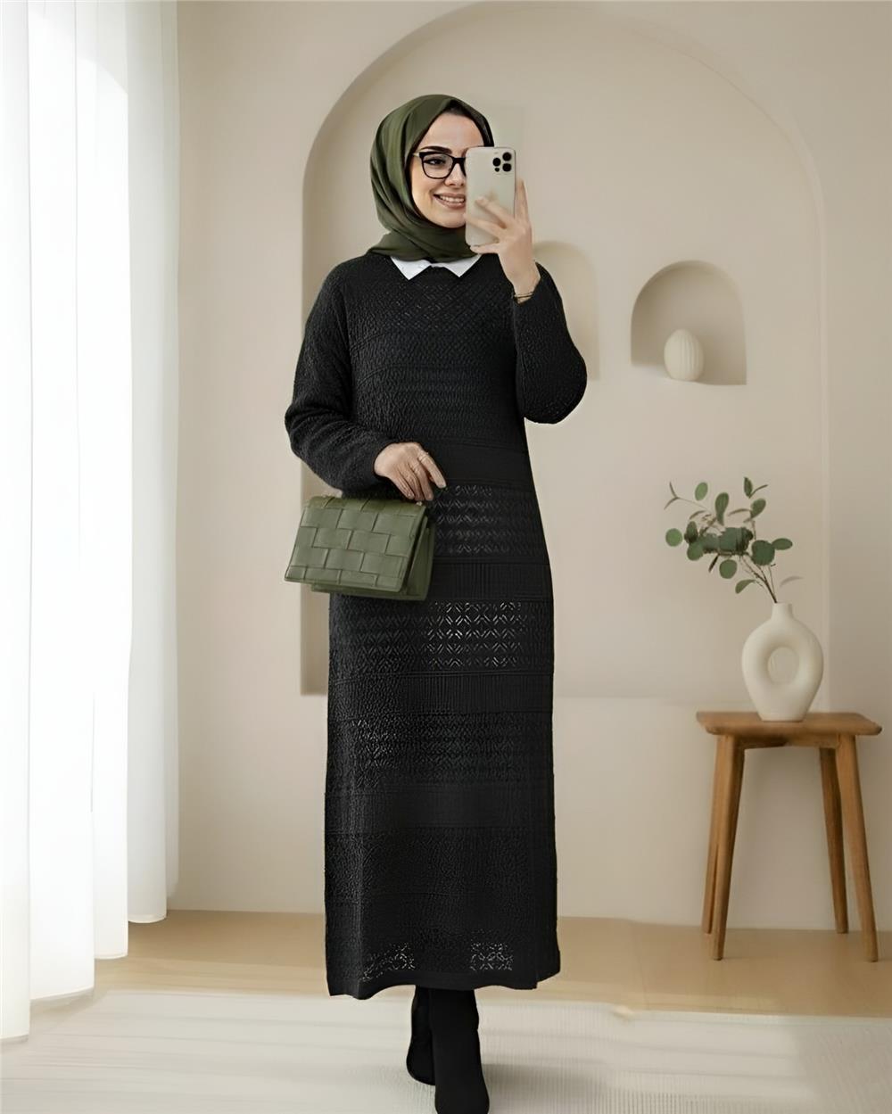 Ajurlu Desenli Triko Elbise -Siyah-109-9763-R01