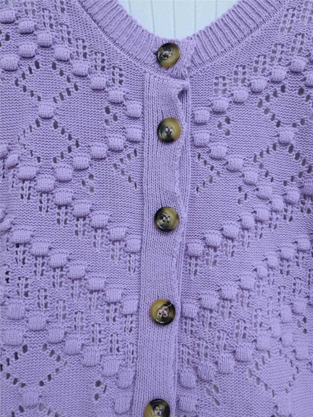 Openwork Embossed Bone Buttoned Knitwear Cardigan -Lilac-109-0639-R42