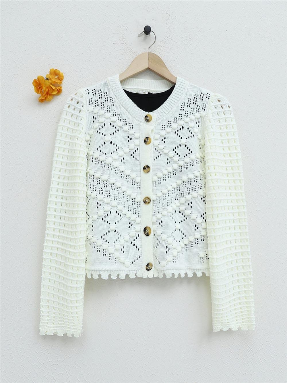 Openwork Embossed Bone Button Knitwear Cardigan -White-109-0639-R02