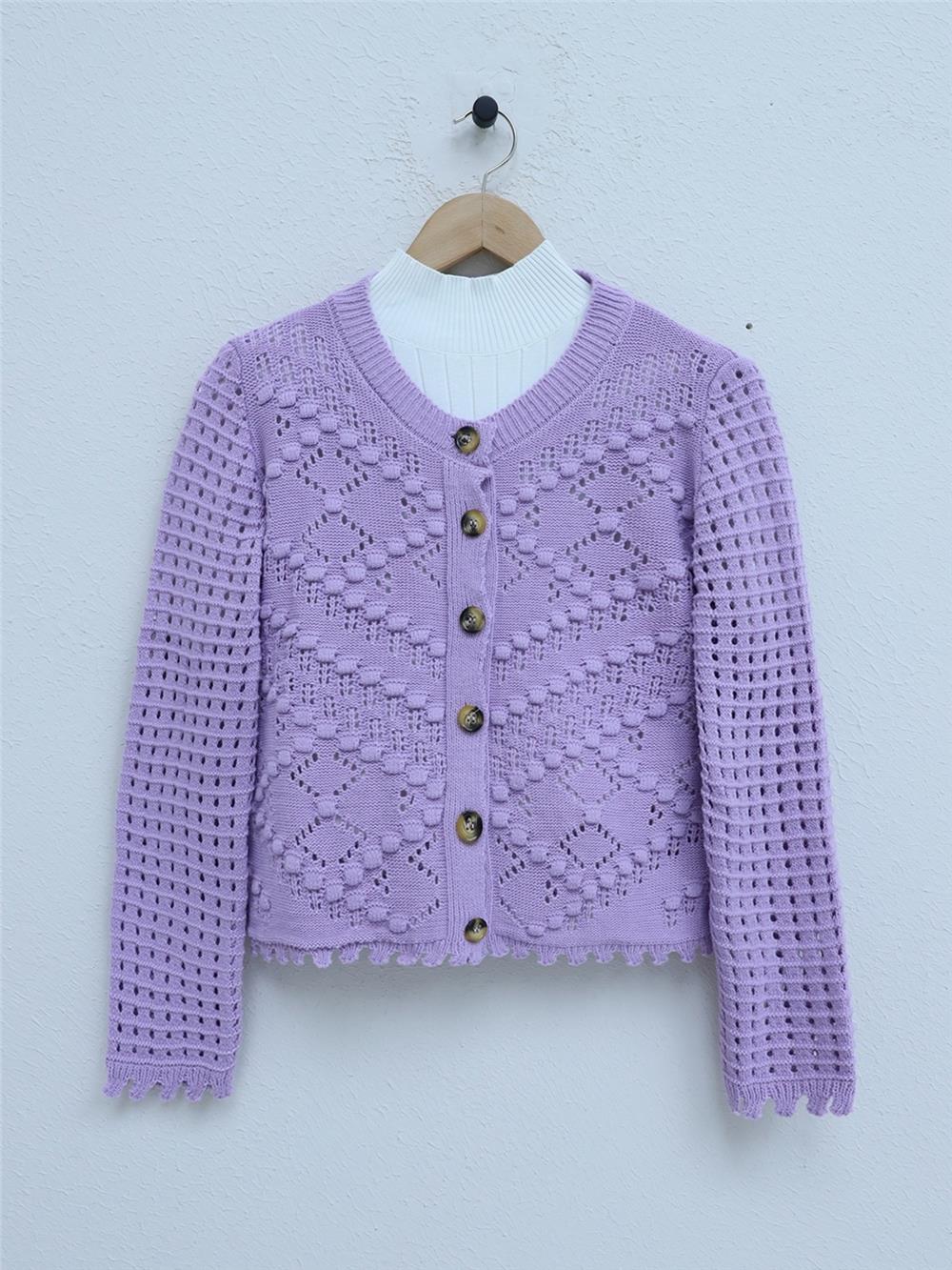 Openwork Embossed Bone Buttoned Knitwear Cardigan -Lilac-109-0639-R42