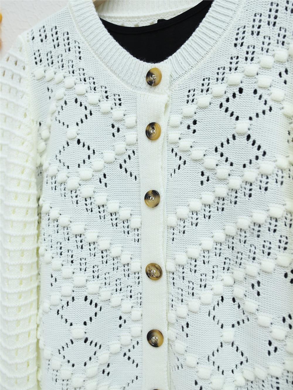 Openwork Embossed Bone Button Knitwear Cardigan -White-109-0639-R02