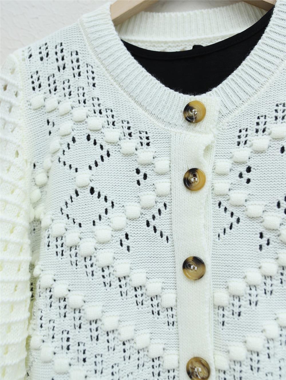 Openwork Embossed Bone Button Knitwear Cardigan -White-109-0639-R02