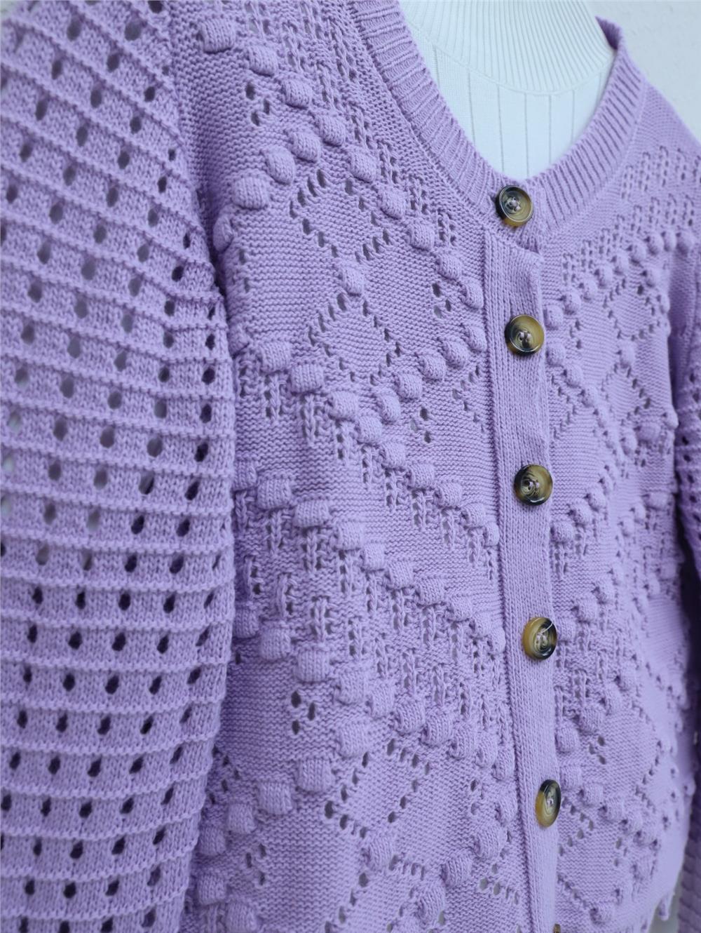 Openwork Embossed Bone Buttoned Knitwear Cardigan -Lilac-109-0639-R42