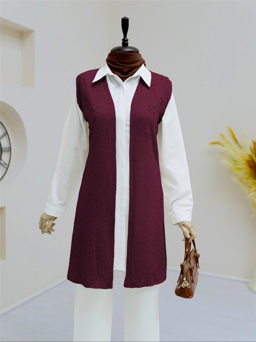 Ajurlu Ponponlu Araboy Triko Yelek    -Bordo-109-1002-R04