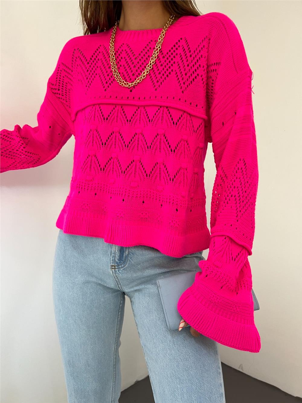 Openwork Pompom Long Sleeve Knitwear Sweater - Fuchsia-351-3115-R14