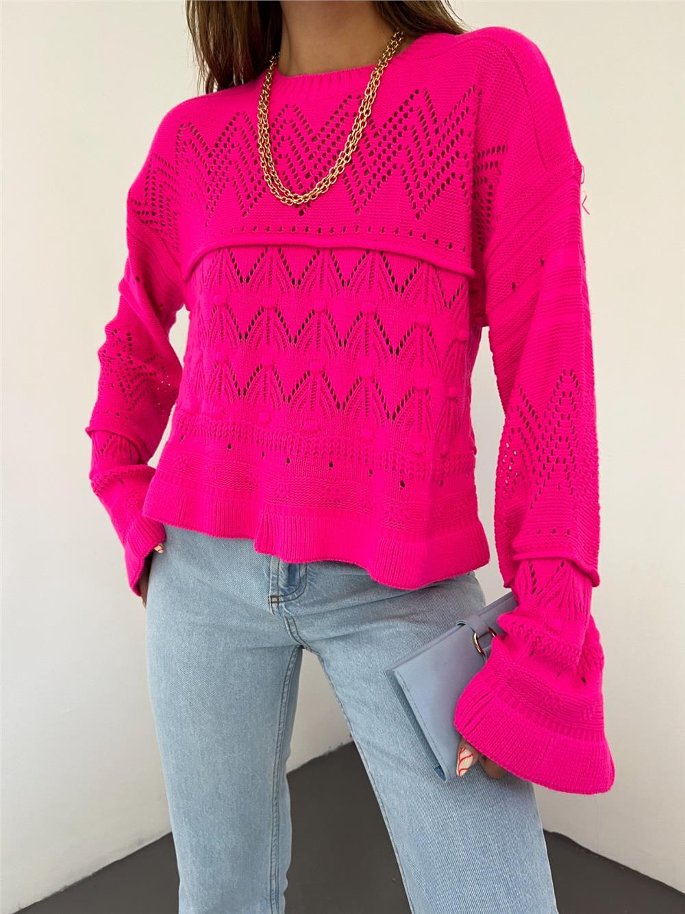 Openwork Pompom Long Sleeve Knitwear Sweater - Fuchsia-351-3115-R14