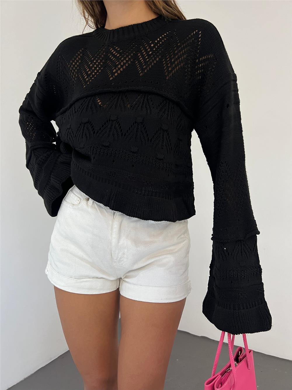 Openwork Pompom Long Sleeve Knitwear Sweater - Black-351-3115-R01