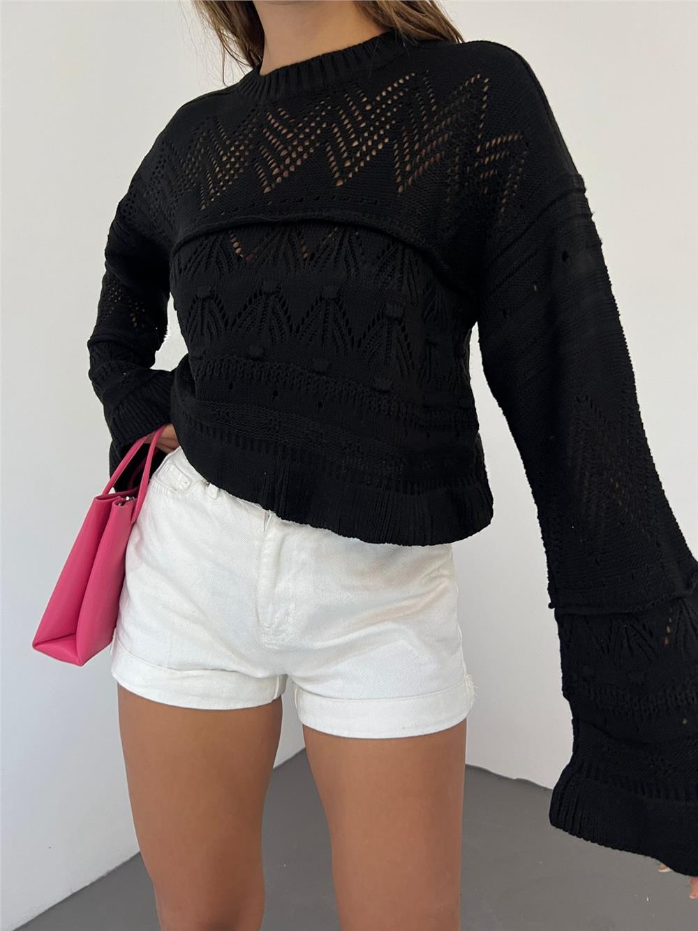Openwork Pompom Long Sleeve Knitwear Sweater - Black-351-3115-R01