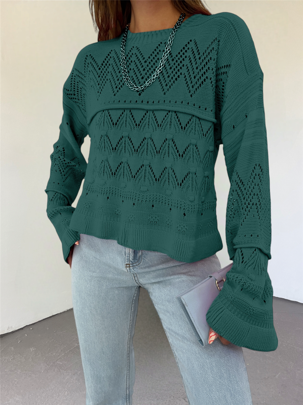 Openwork Pompom Long Sleeve Knitwear Sweater - Emerald-351-3115-R17