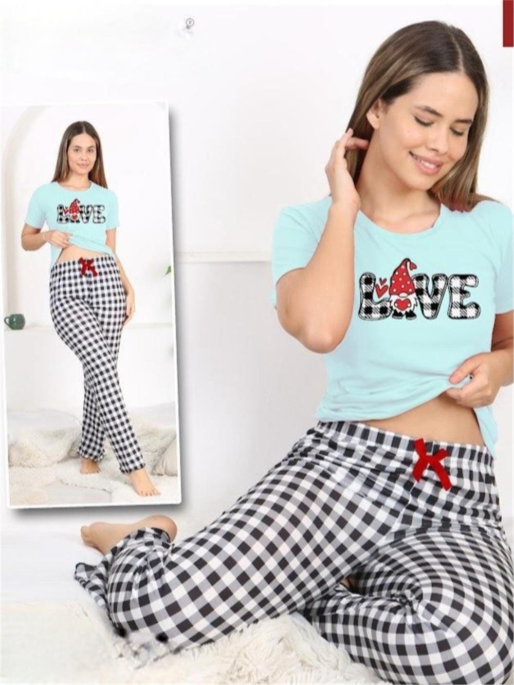 Altı Ekoseli Yazı Desenli Kısa Kollu Pijama Takımı  -Su Yeşili-416-58415-R36