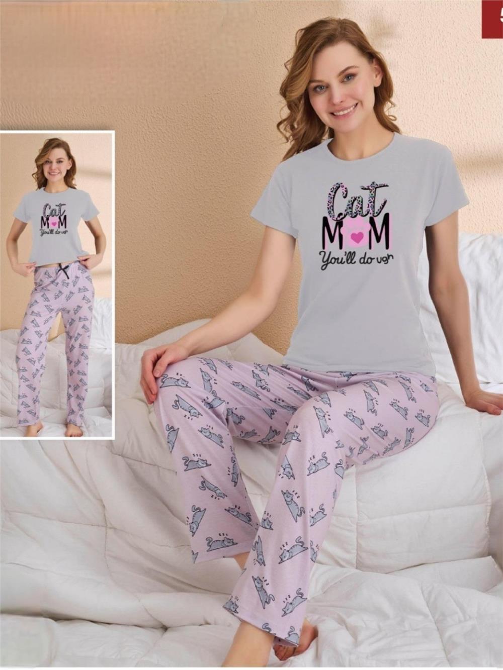Altı Kedi Desenli Yazılı Kısa Kollu Pijama Takımı  -Gri-416-58313-R11