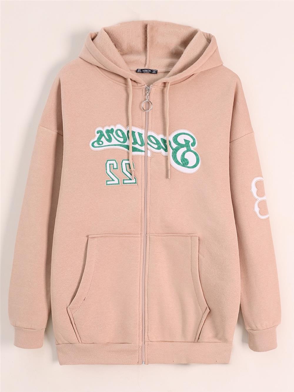 Aplikeli Üç İplik Conpact Penye Polar Kapşonlu Sweat -Vizon-358-9815-R23