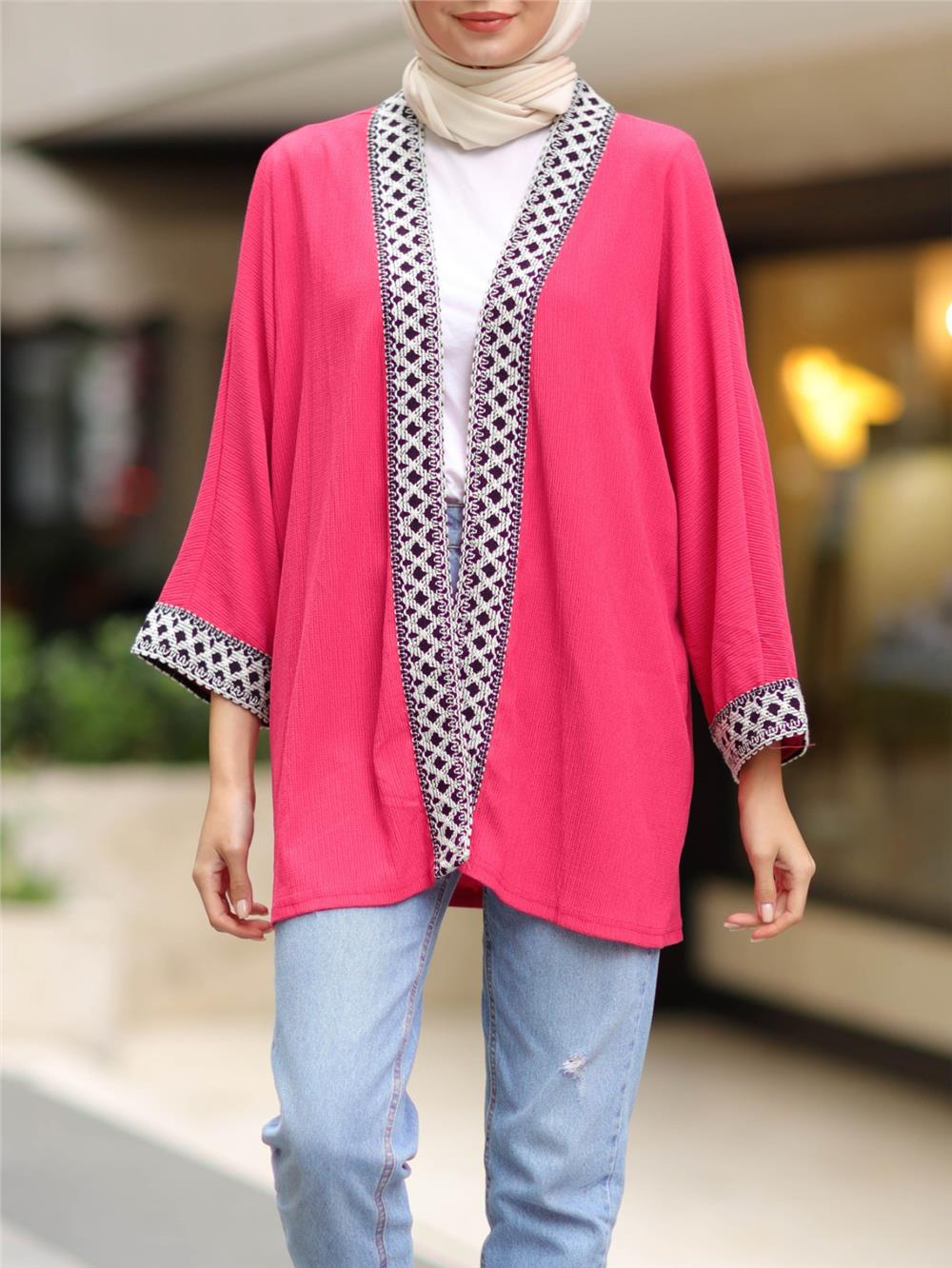Araboy Ethnic Striped Kimono -Fuchsia-138-5866-R14