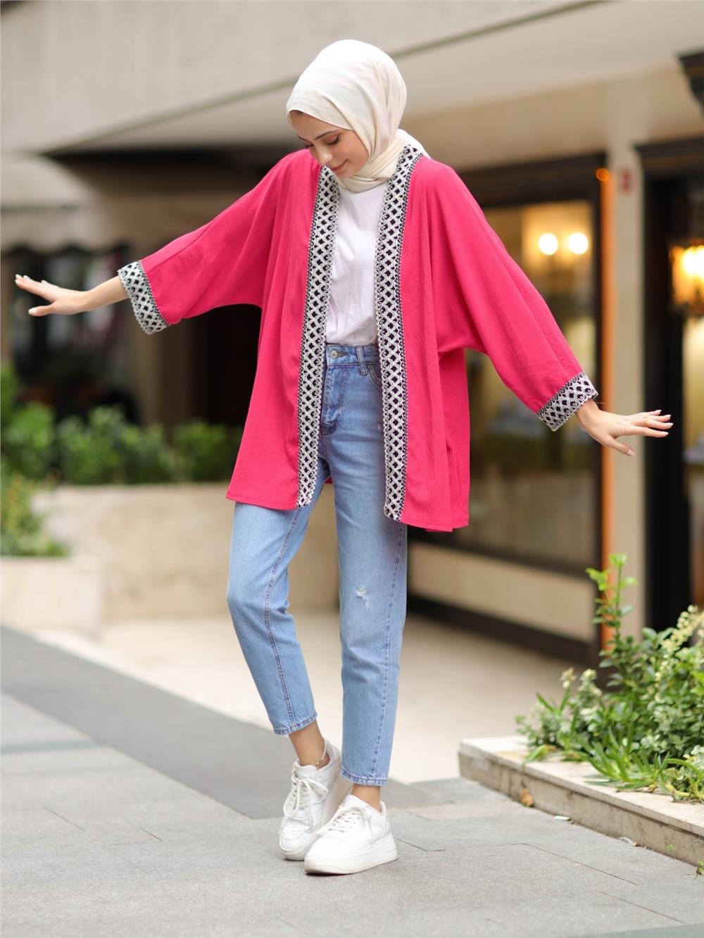Araboy Ethnic Striped Kimono -Fuchsia-138-5866-R14
