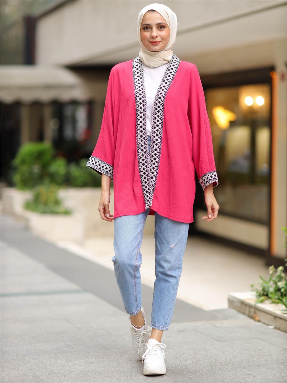 Araboy Ethnic Striped Kimono -Fuchsia-138-5866-R14