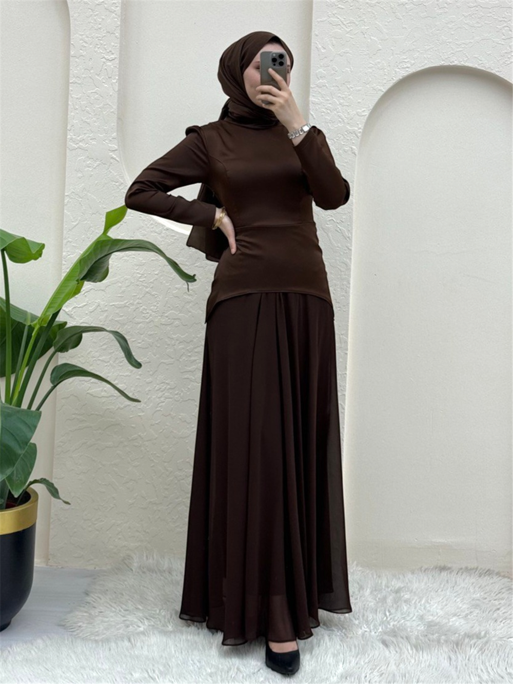 فستان سهرة شيفون ساتان مع تنورة برباط من الخلف - بني-386-5976-R15