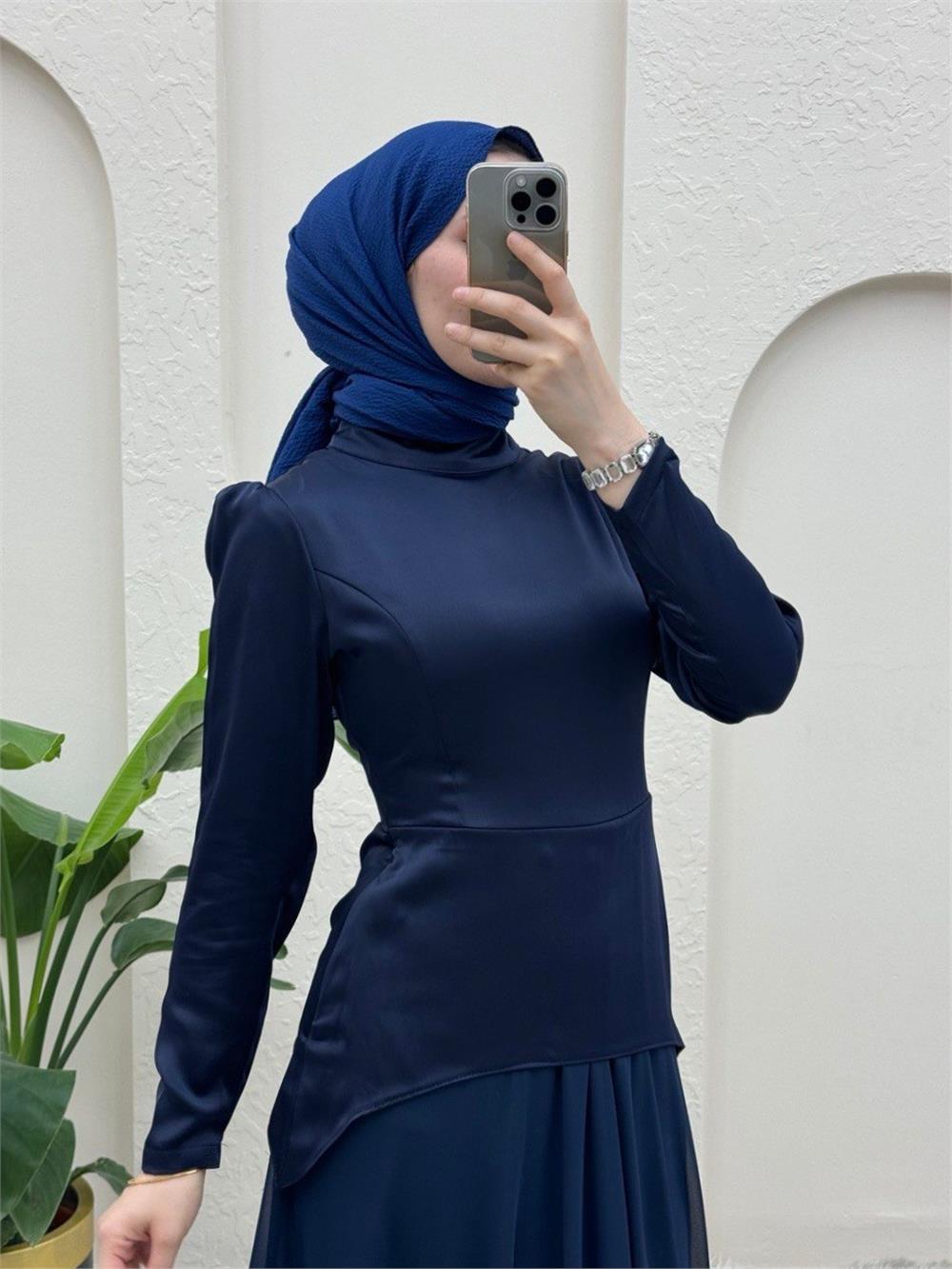 فستان سهرة شيفون ساتان مع تنورة برباط من الخلف - أزرق داكن-386-5976-R03