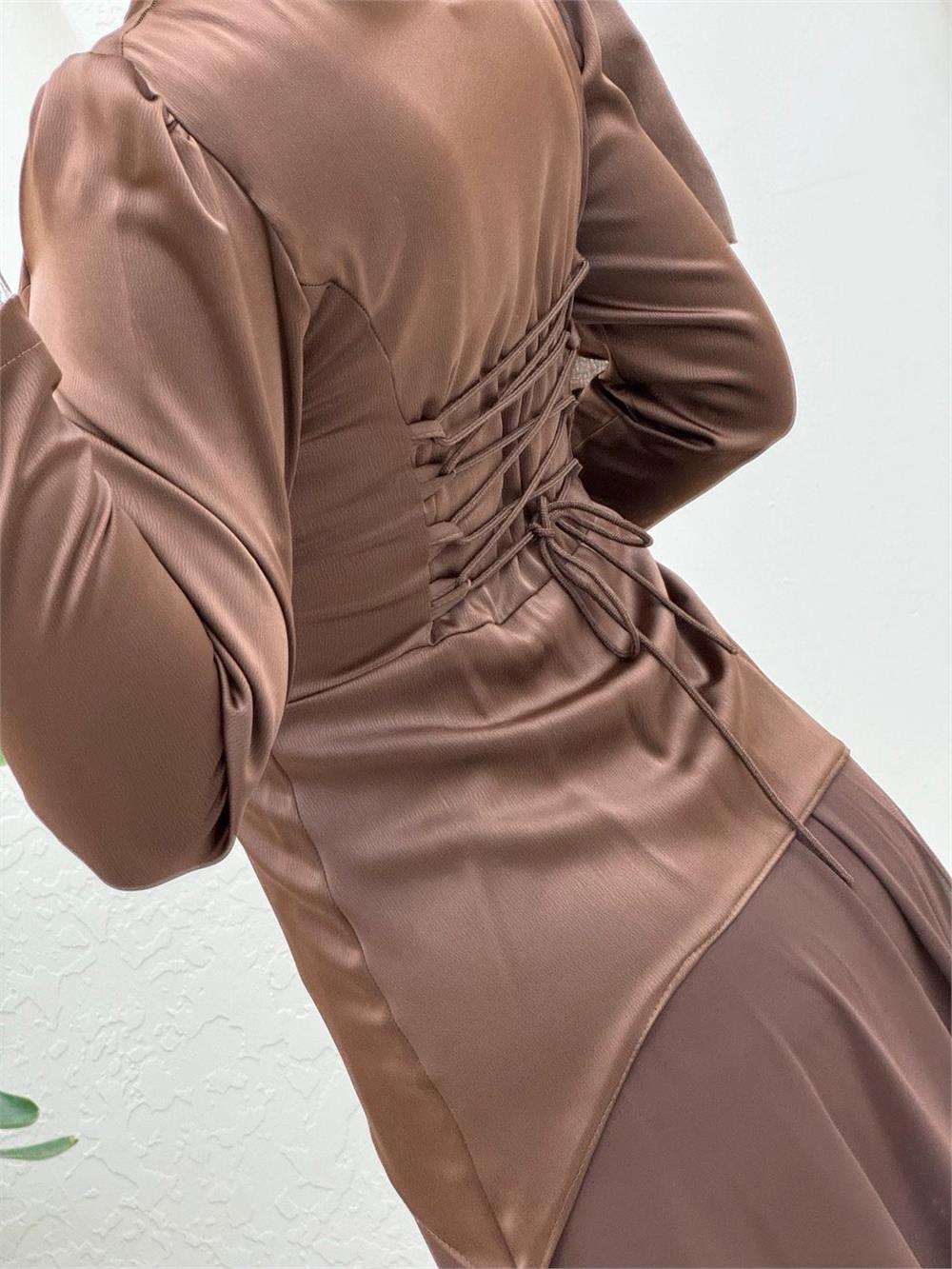 فستان سهرة شيفون ساتان مع تنورة برباط من الخلف - بني-386-5976-R15